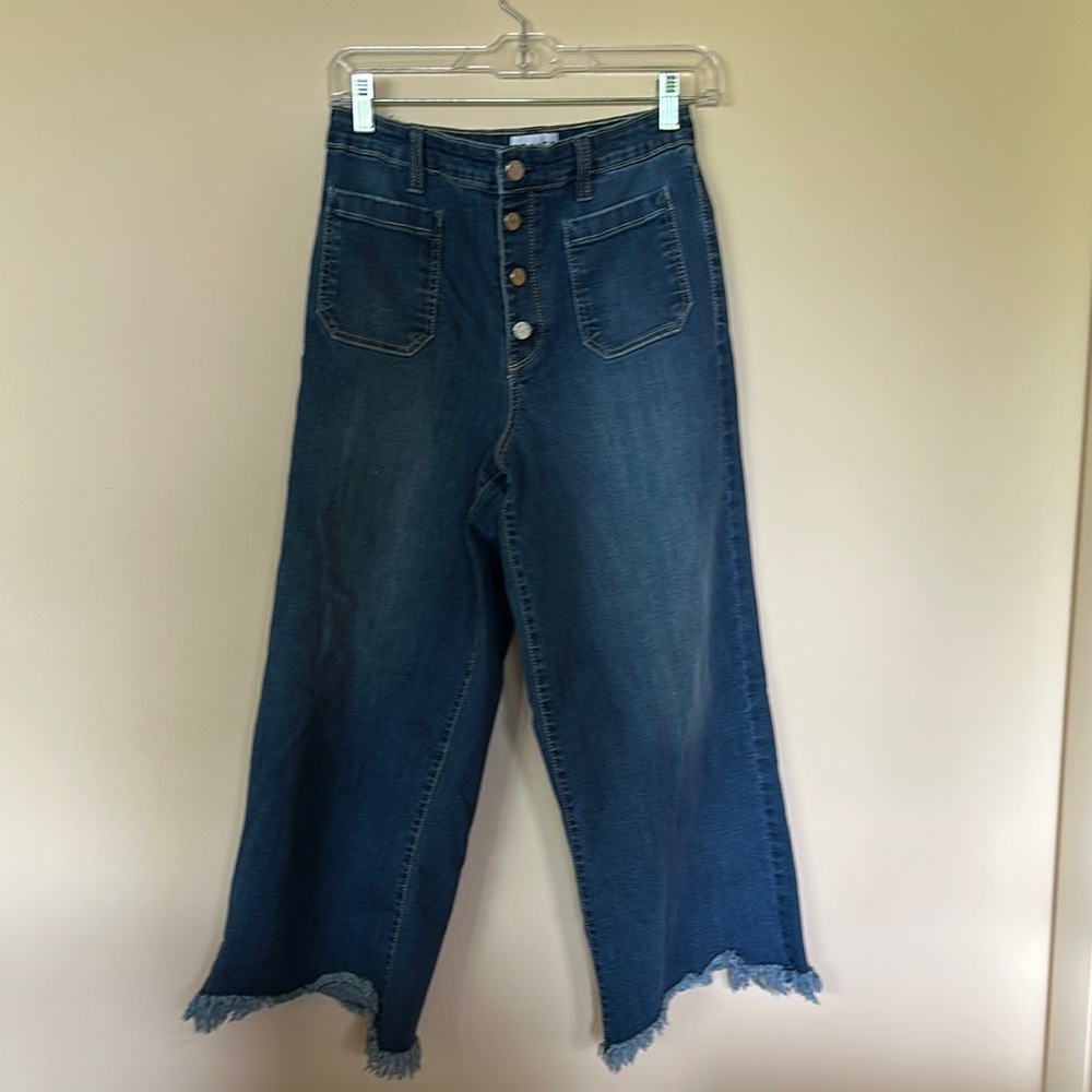 Blue Flare Wide-Leg Jeans with Frayed Hem
